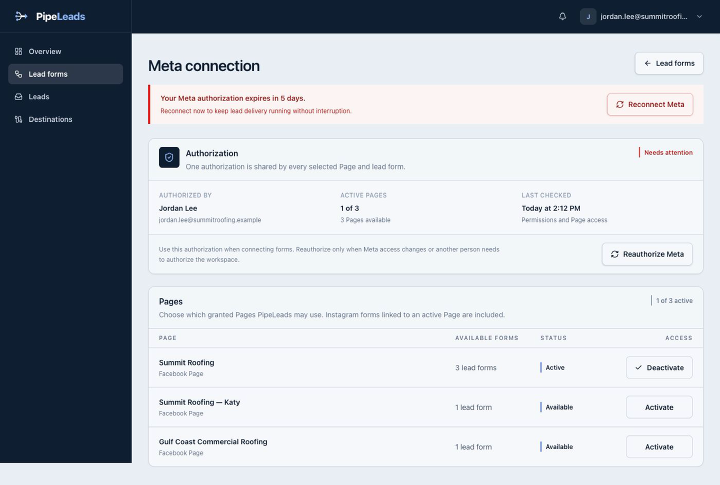 PipeLeads warning that a Meta authorization expires in 5 days, with a reconnect button