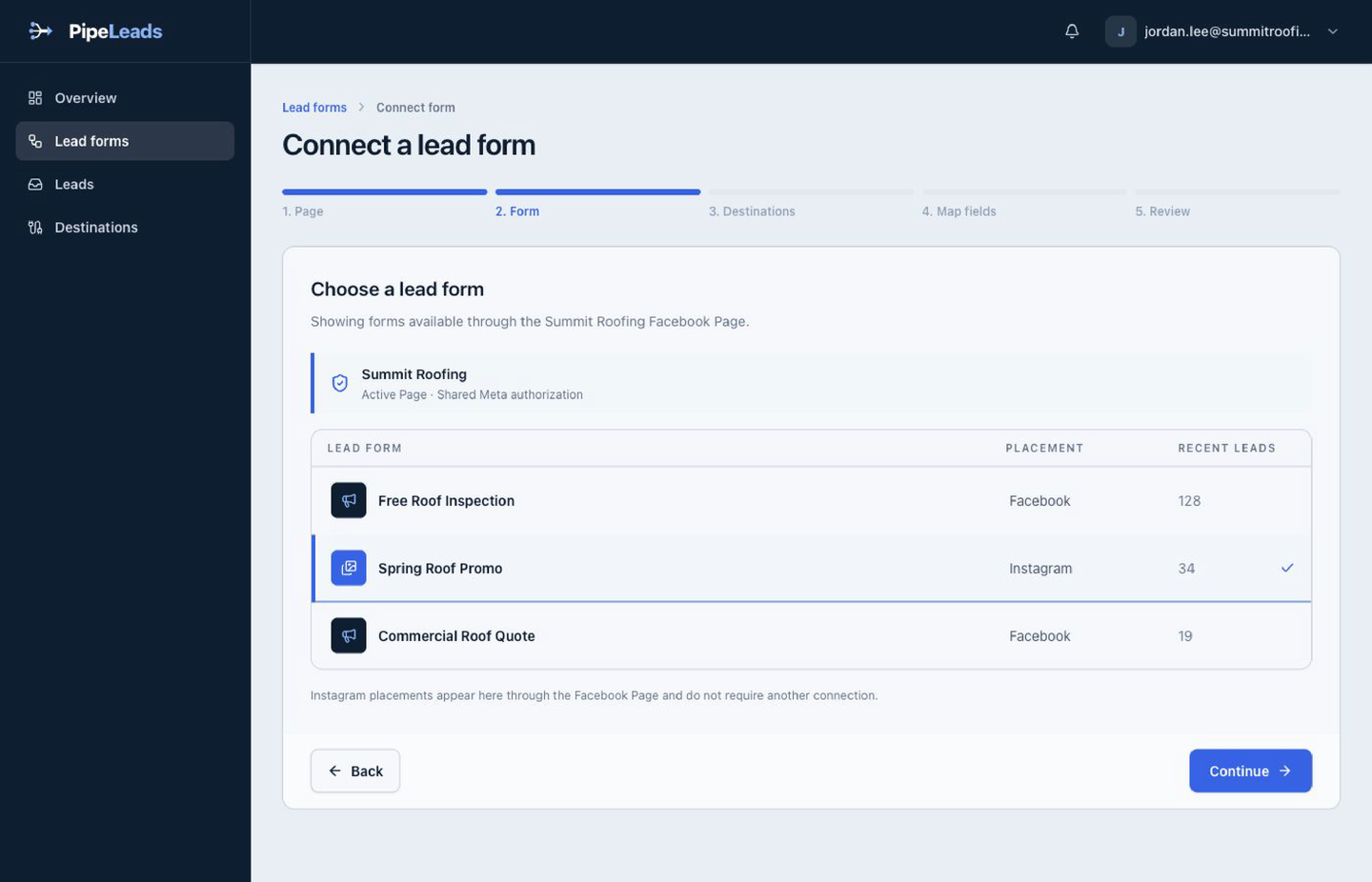 An Instagram-placement lead form listed alongside Facebook forms under the connected Page in PipeLeads