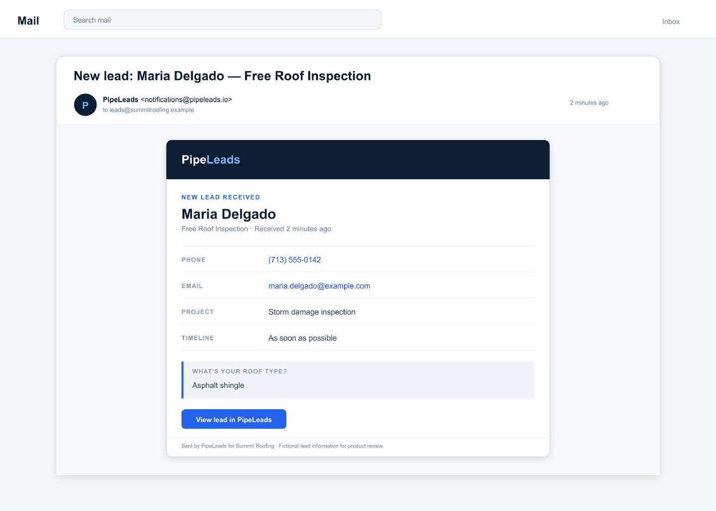 A PipeLeads lead notification email showing complete lead details including phone, email, and custom form answers