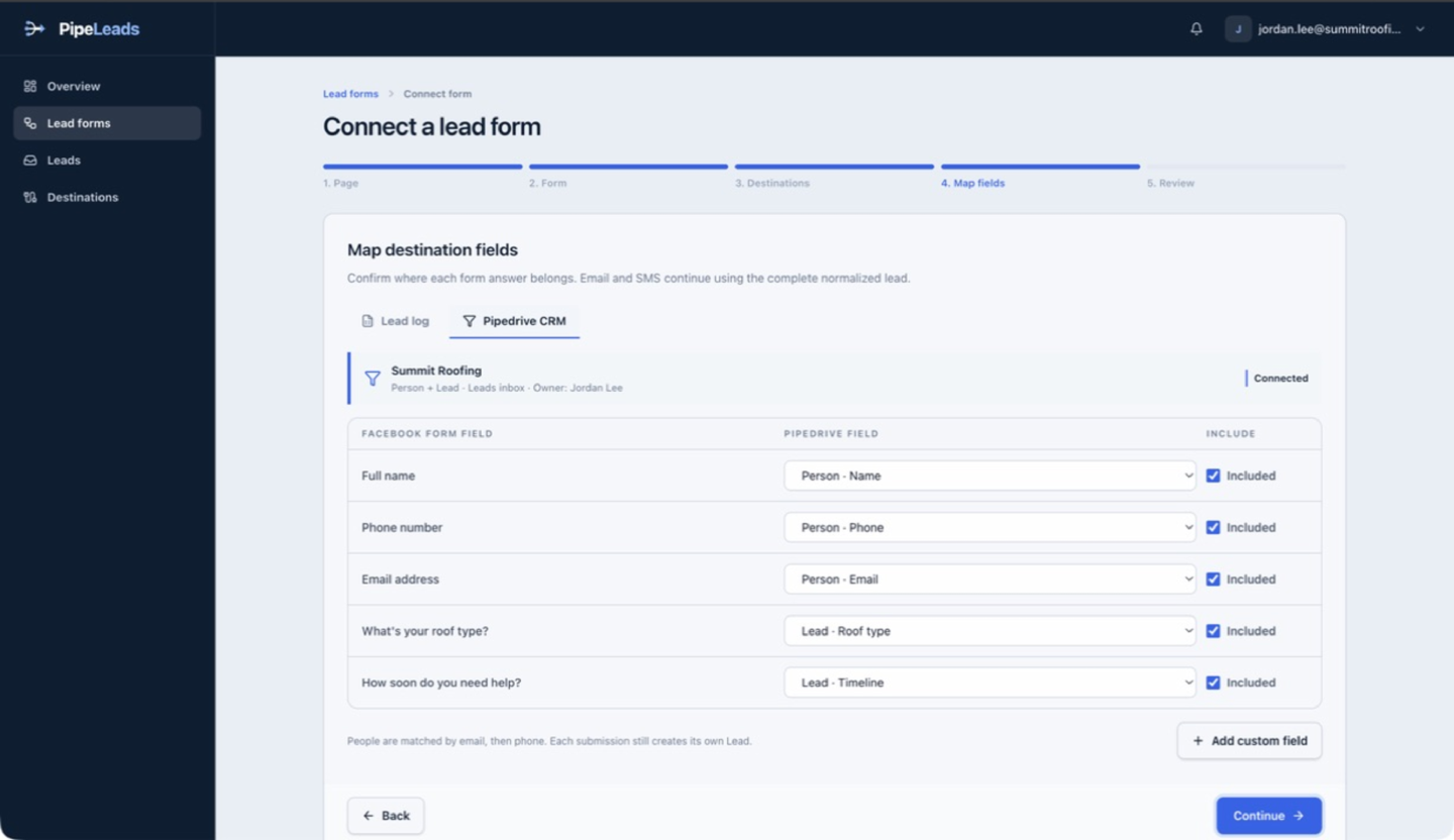Mapping Facebook form fields to Pipedrive Person and Lead fields in PipeLeads