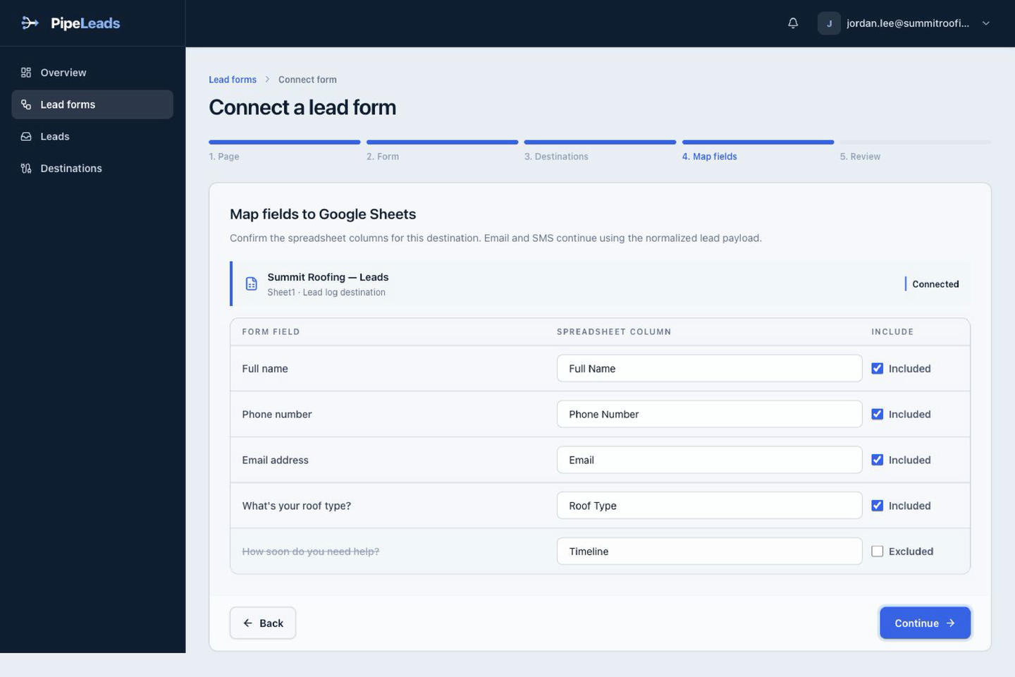 Mapping Facebook lead form fields to Google Sheet columns in PipeLeads
