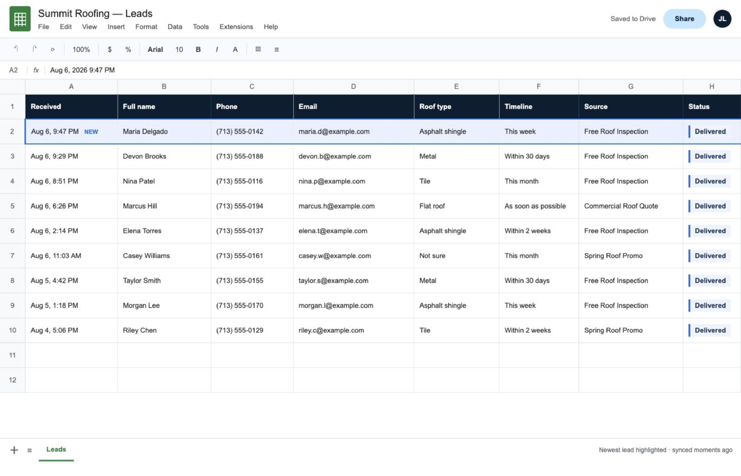 A new Facebook lead appended as a row in Google Sheets by PipeLeads