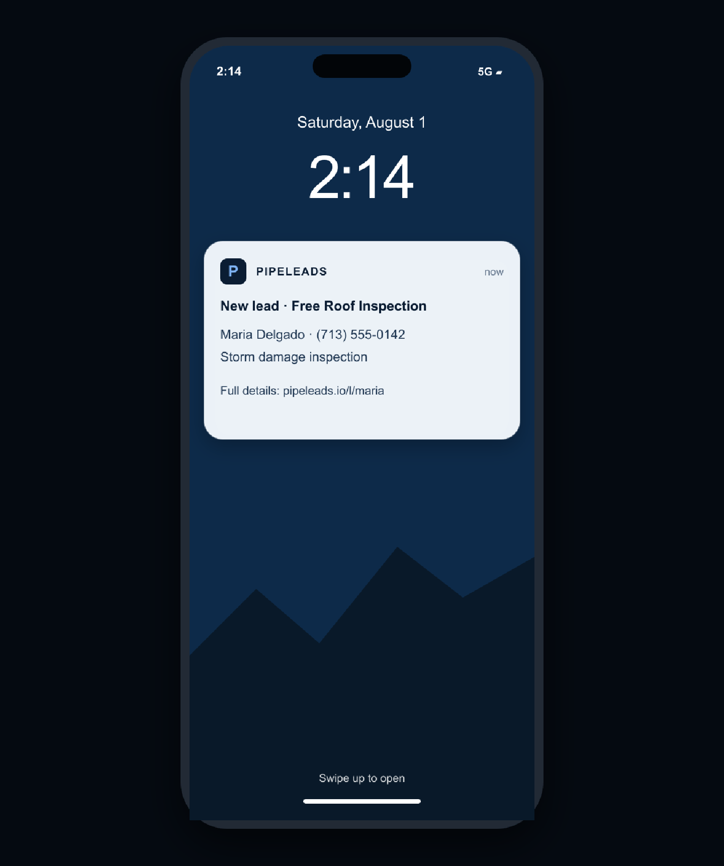 A phone lock screen showing an instant PipeLeads SMS notification for a new Facebook lead