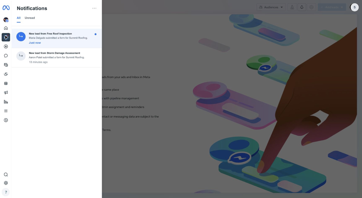 A new-lead alert entry in the Meta Business Suite notifications panel