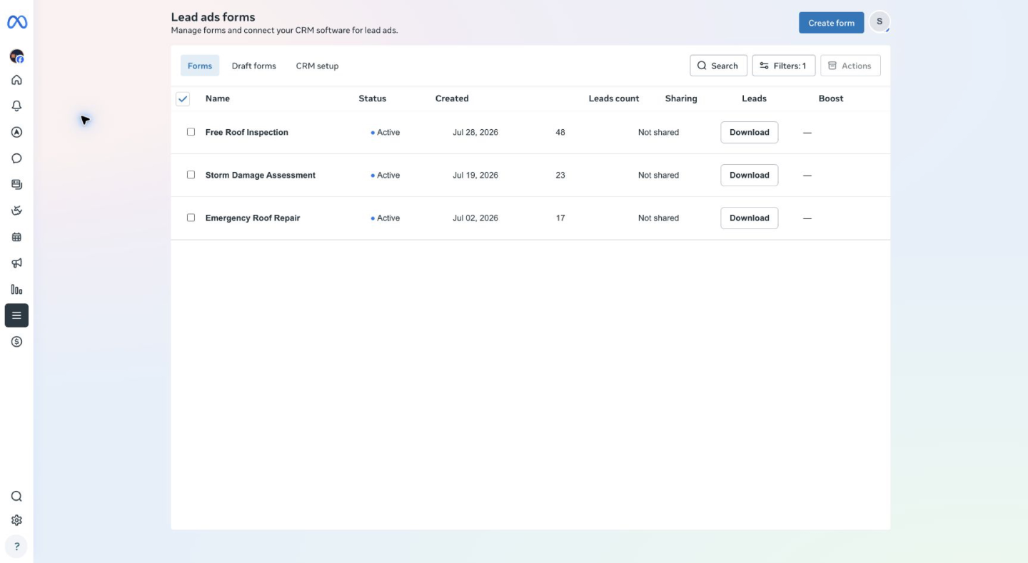 The Download button next to a lead form in Meta Business Suite Instant Forms