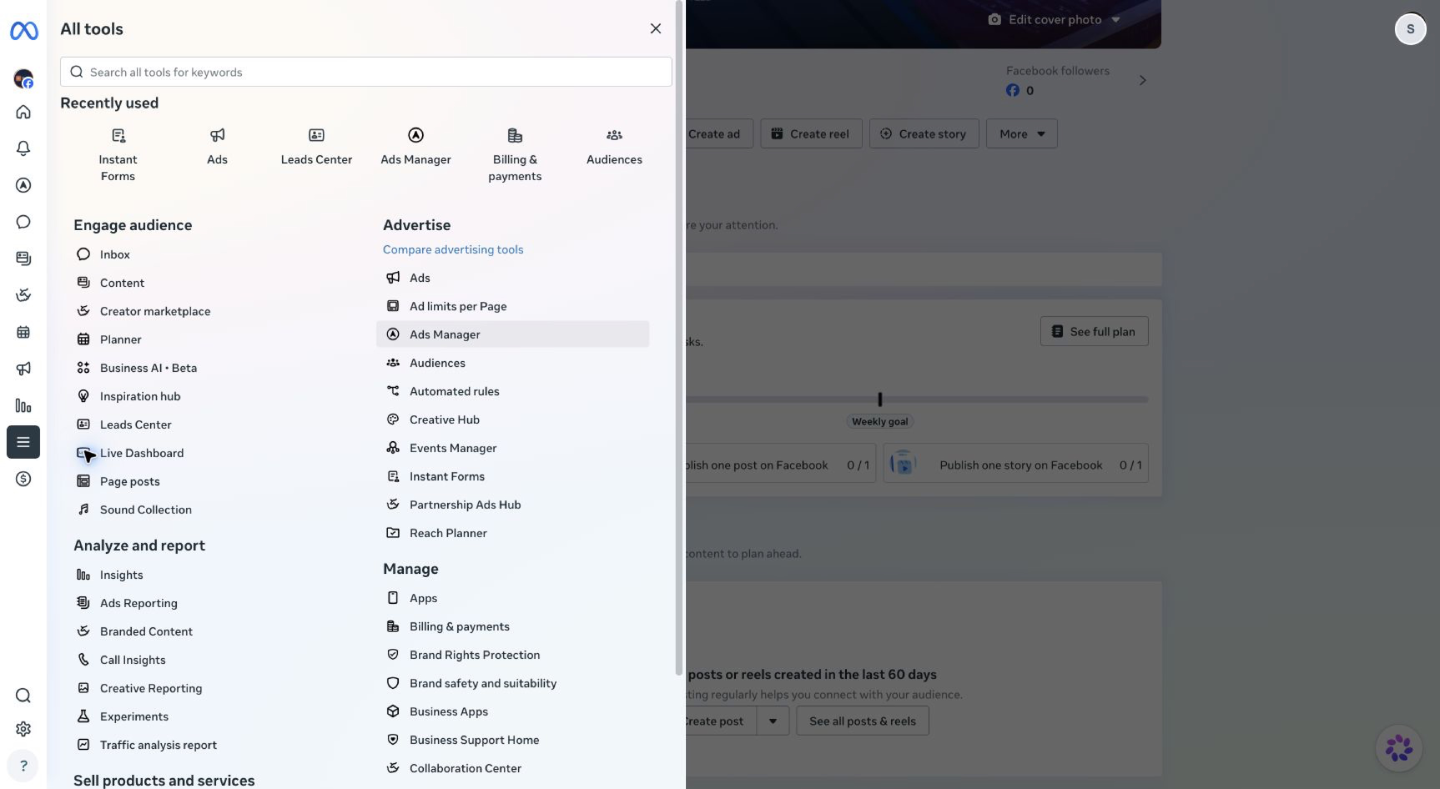 The All tools menu in Meta Business Suite with Leads Center highlighted under Engage audience