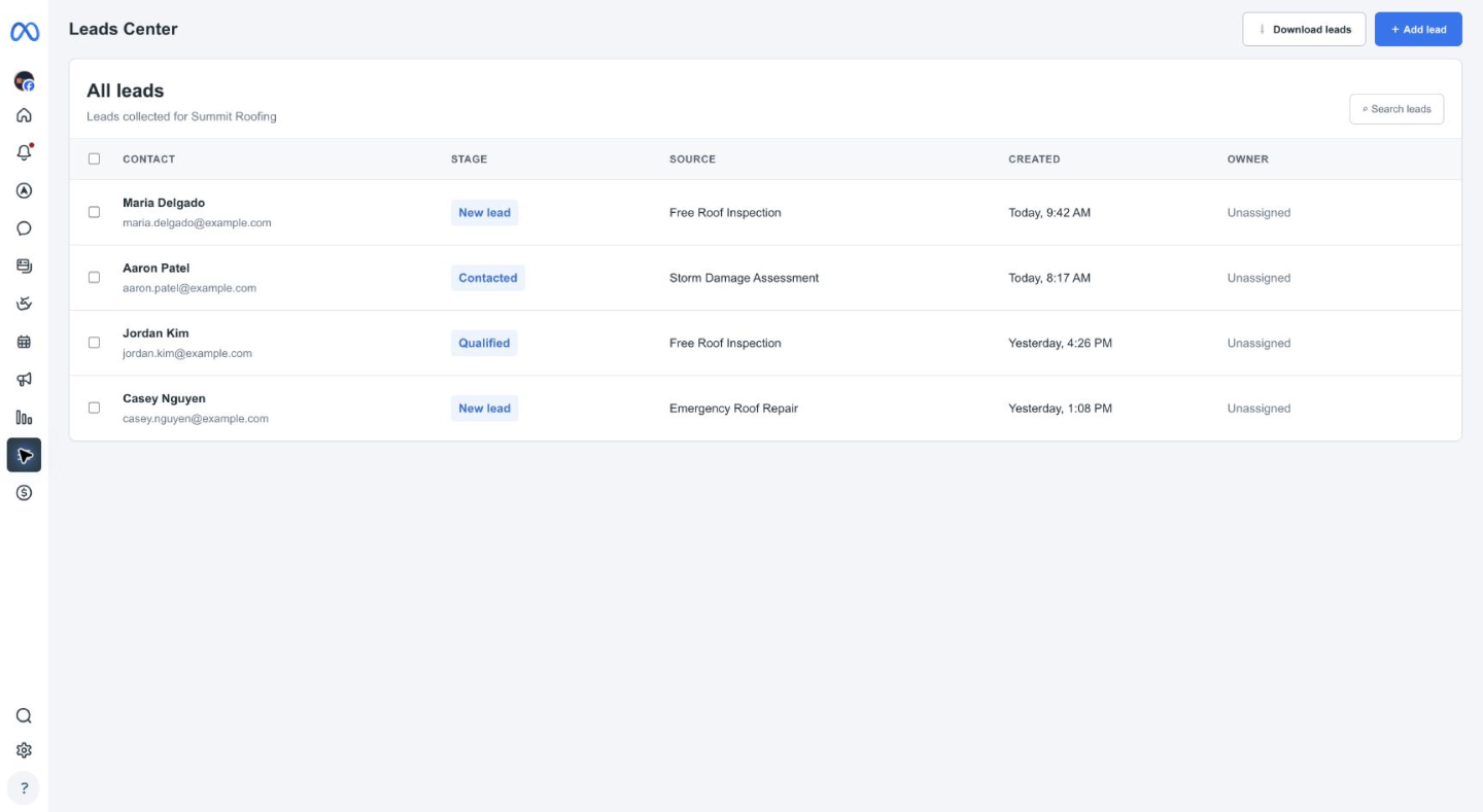 Meta Leads Center table view with leads listed and the Download button at top right
