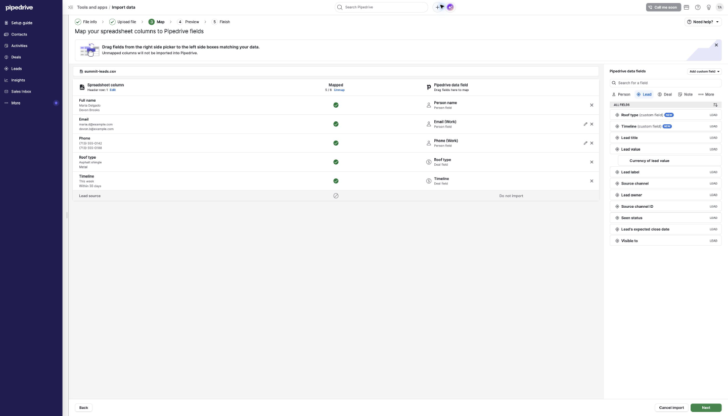 Mapping spreadsheet columns to Pipedrive Person and Lead fields during import