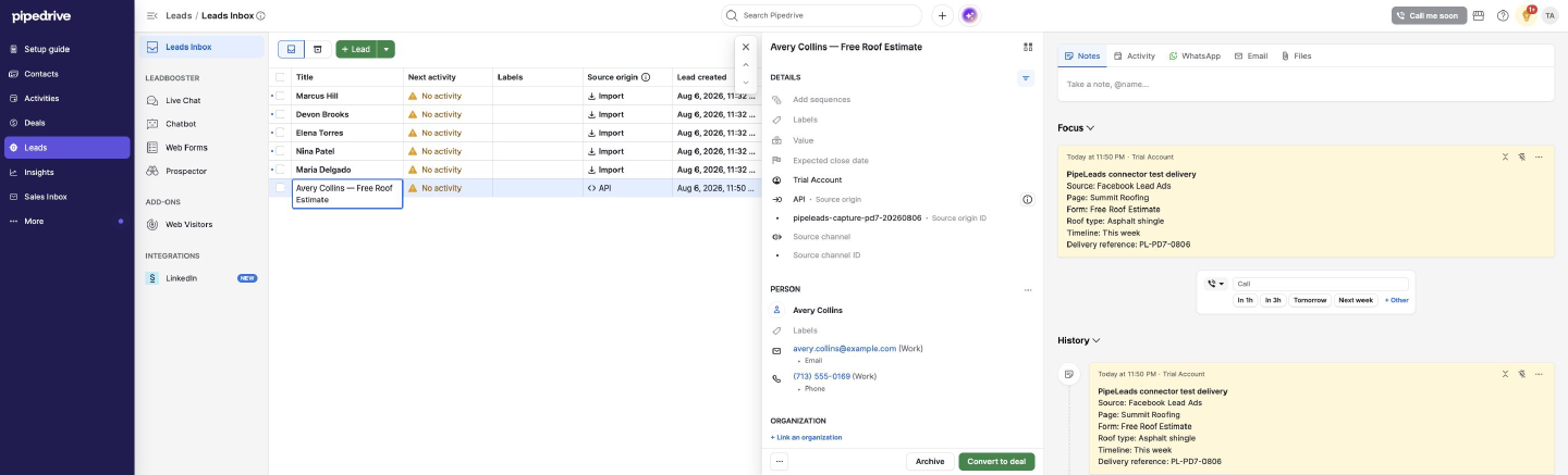 A PipeLeads-created lead in the Pipedrive Leads Inbox with API source origin and pinned source note
