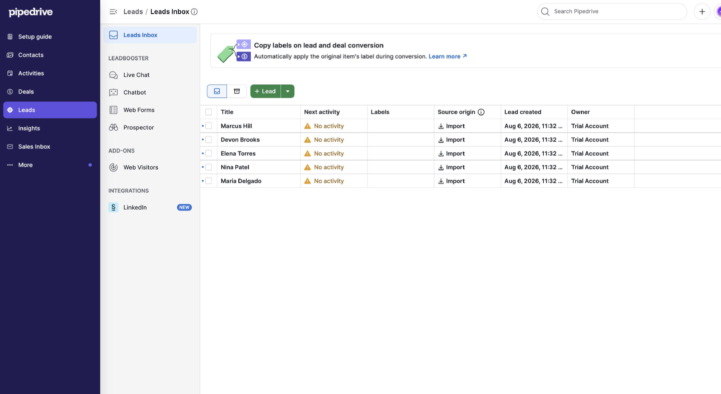 Five imported Facebook leads in the Pipedrive Leads Inbox